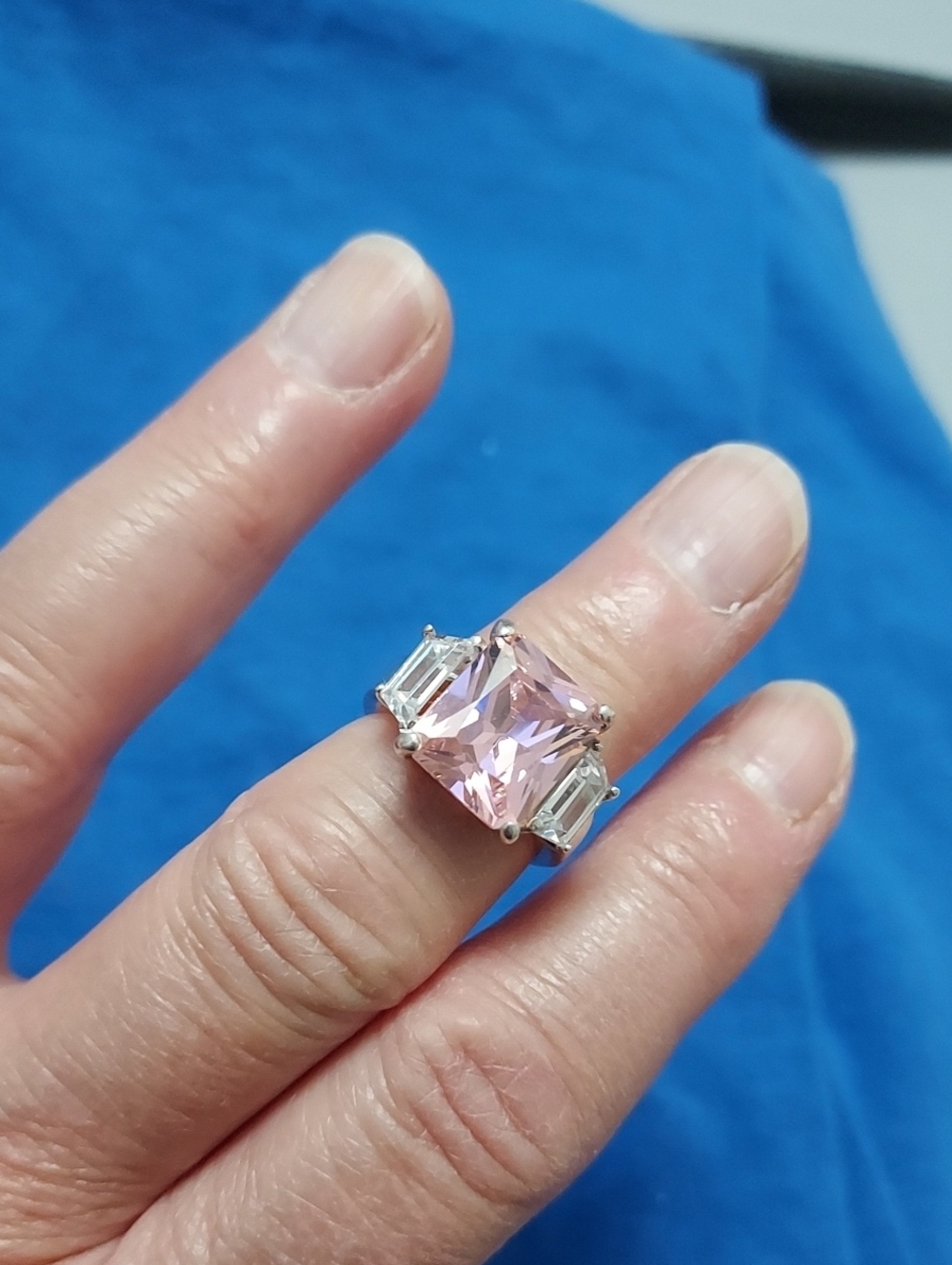 925 Sterling Pink Centerstone Cocktail Ring with Clear Side Stones -